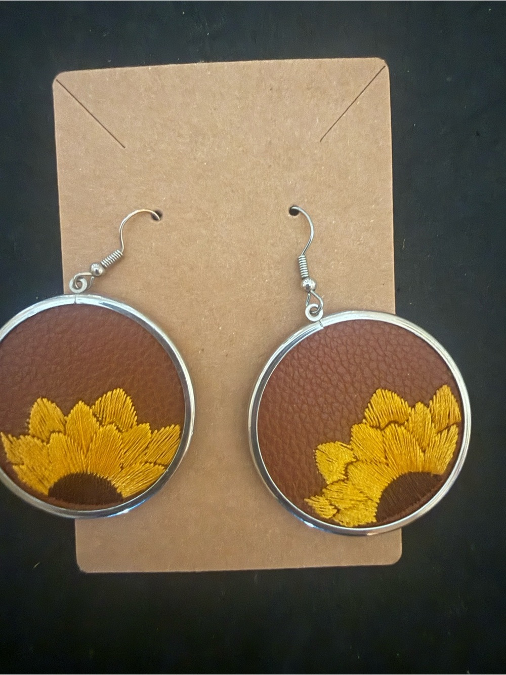 Handcrafted Brown Leatherette Sunflower Drop Earrings - Yellow Accent